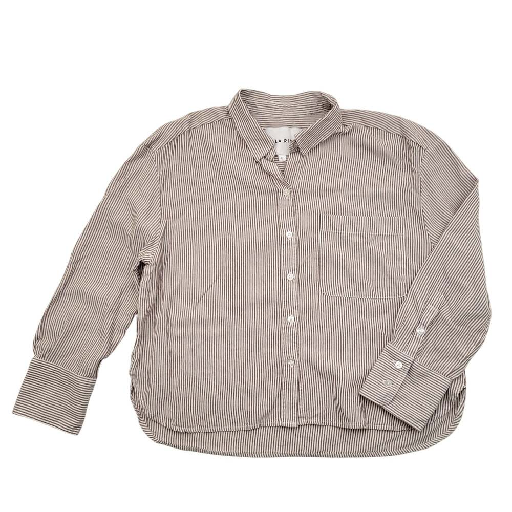 Lola River Button Up Shirt Large Taupe White Stripe Boxy Relaxed Coastal Tencel